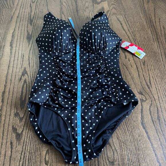 Spanx Underwire Shaping One Piece Ruched Swim Suit Black White Polka Dot Size 14 - Picture 11 of 11